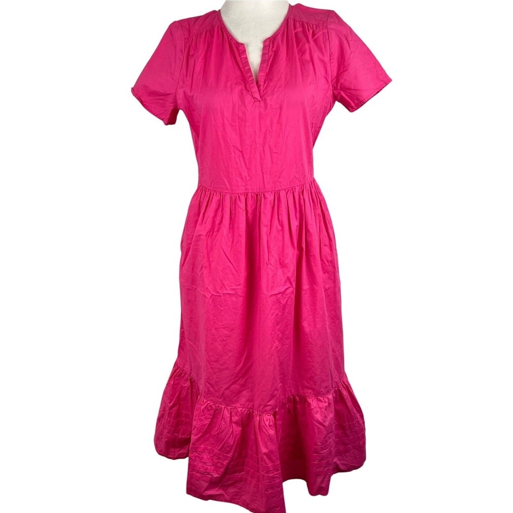 J.Crew Pink Cotton Poplin Tiered Ruffle Midi Sundress Size 4 Summer Bright Dress